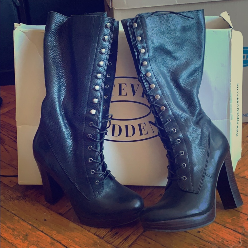 Steve Madden Black Leather Boots, Size 8